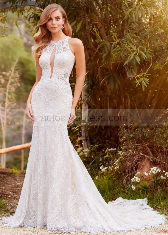 Halter Neck Beaded Ivory Lace Tulle Cutout Boho Wedding Dress